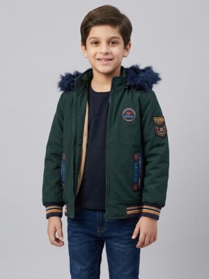 Trazo,Brand Boy's Mongia Green Jacket With Hoodi